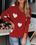 Heart Motif V Neck Pullover Sweater - Red