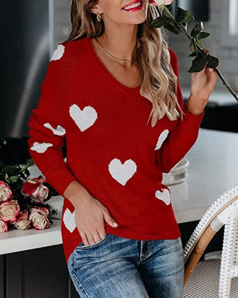 Heart Motif V Neck Pullover Sweater - Red - 1