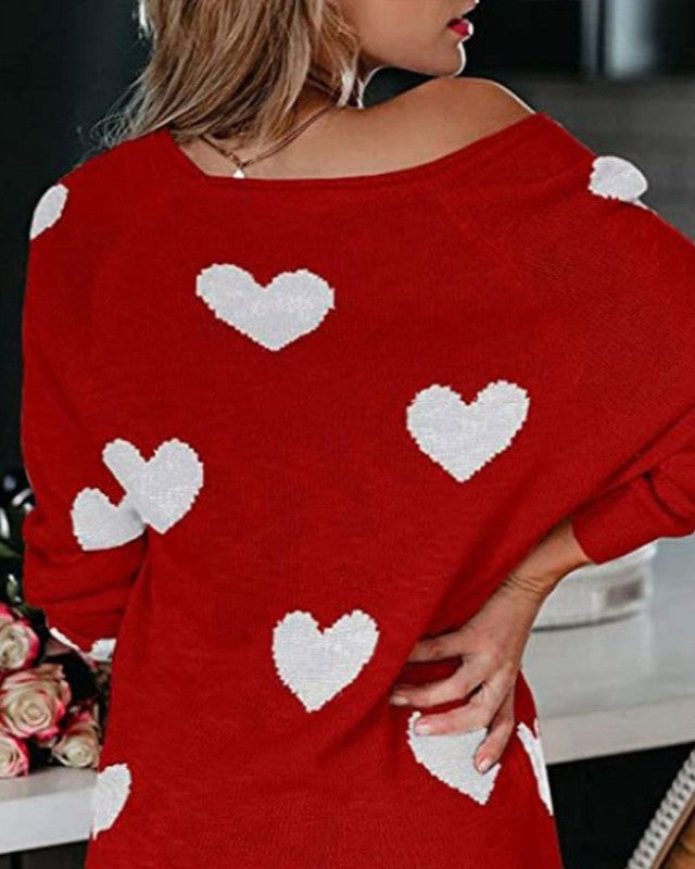 Heart Motif V Neck Pullover Sweater - Red - 2