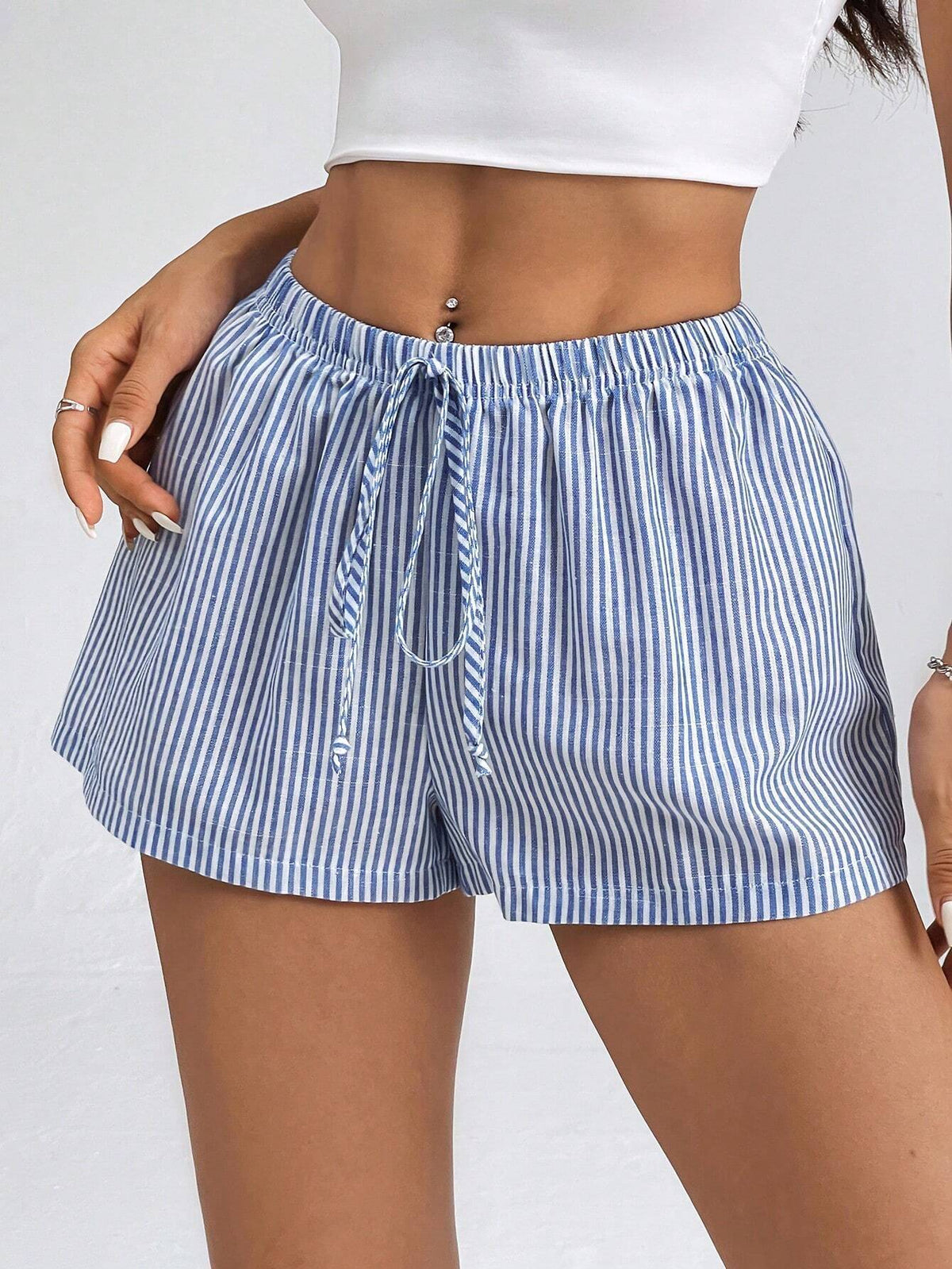 Relaxed Pinstripe Shorts With Side Splits - Blue
