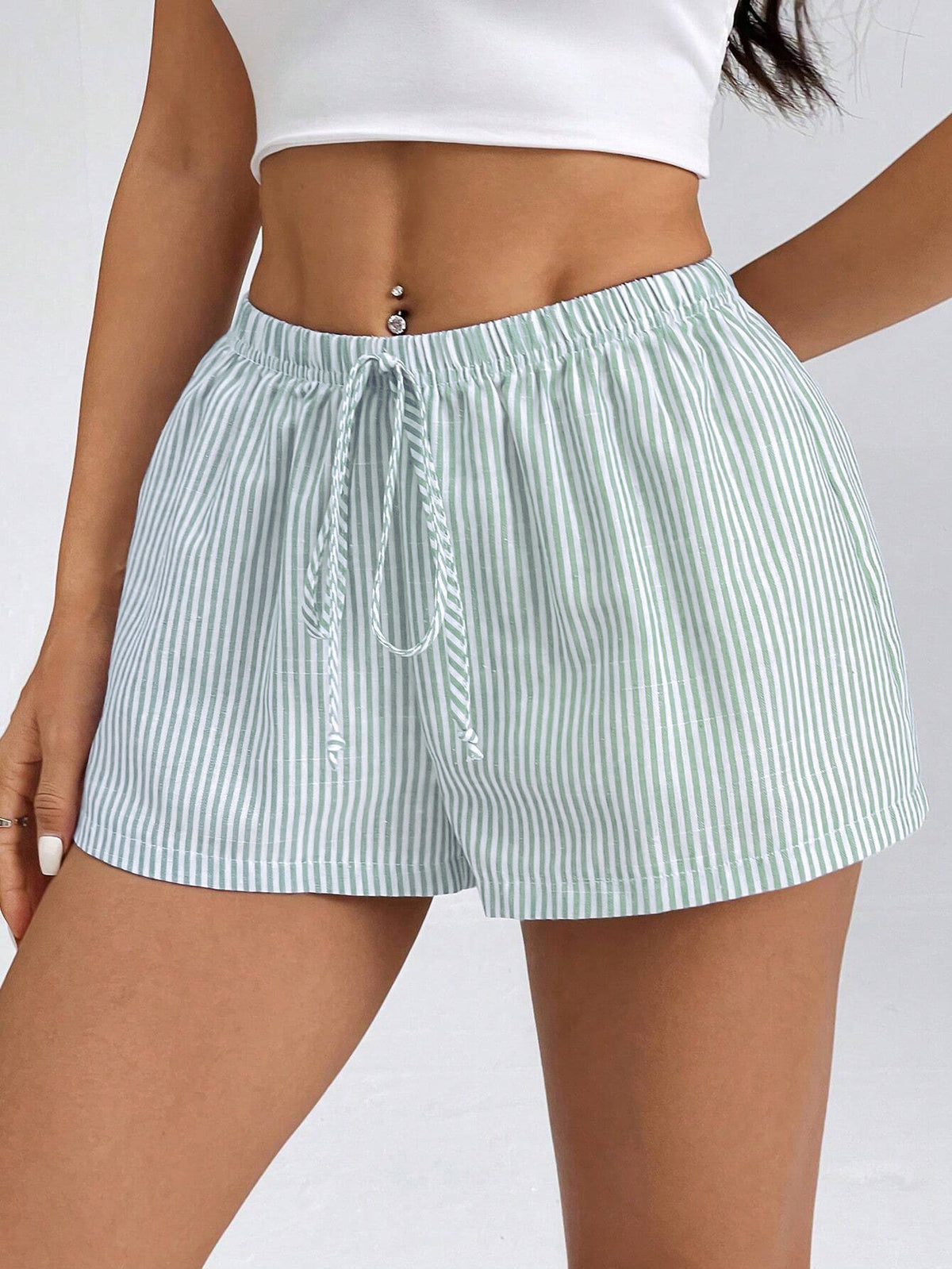 Relaxed Pinstripe Shorts With Side Splits - Green