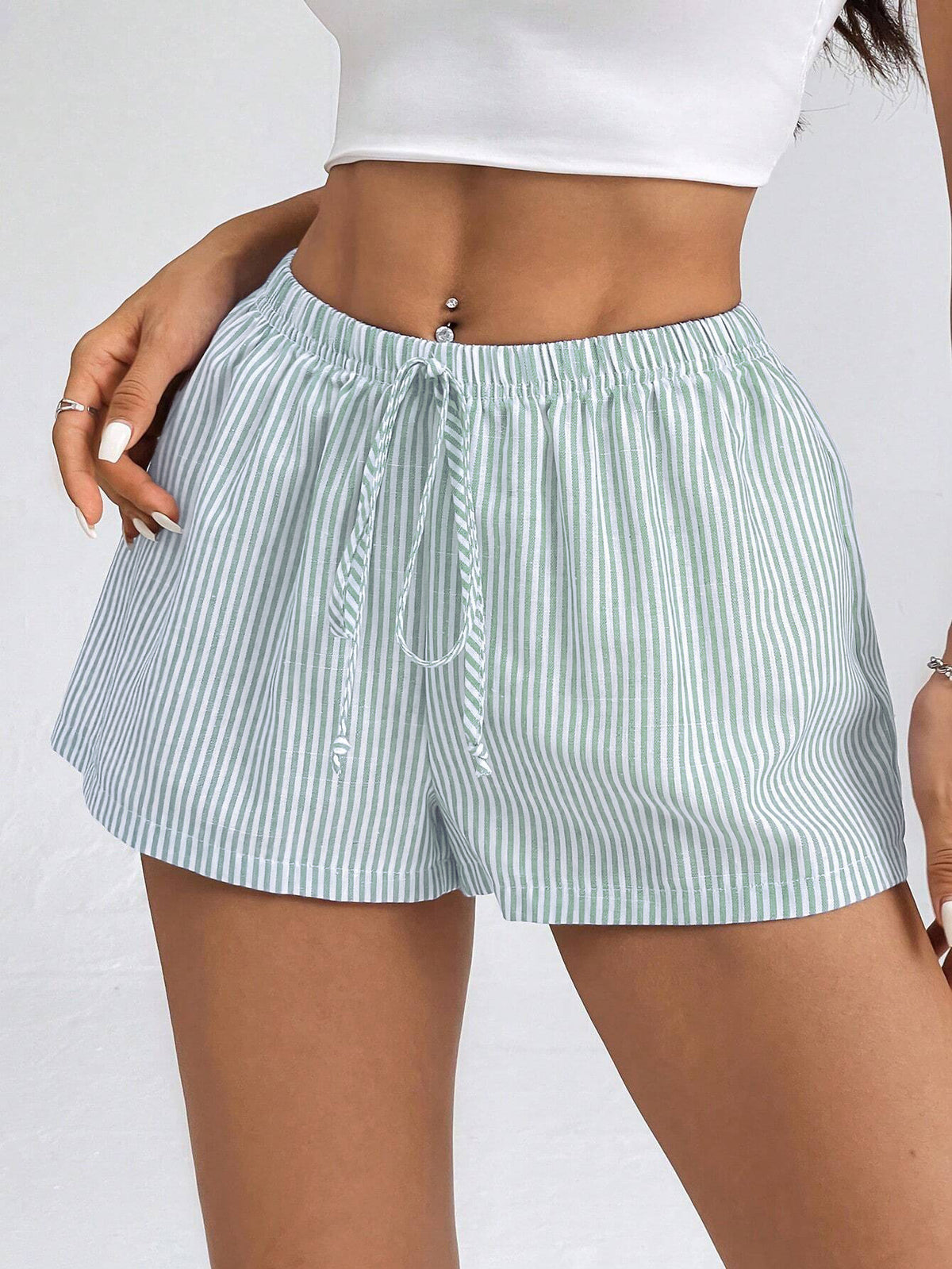 Relaxed Pinstripe Shorts With Side Splits - Green - 1