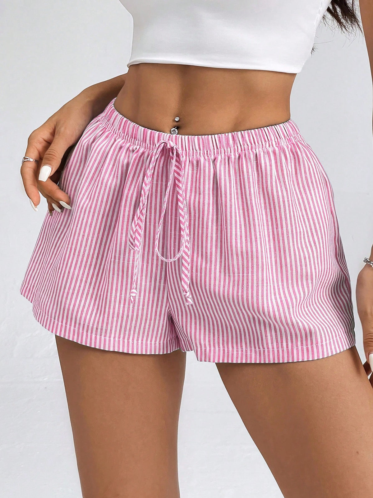 Relaxed Pinstripe Shorts With Side Splits - Pink
