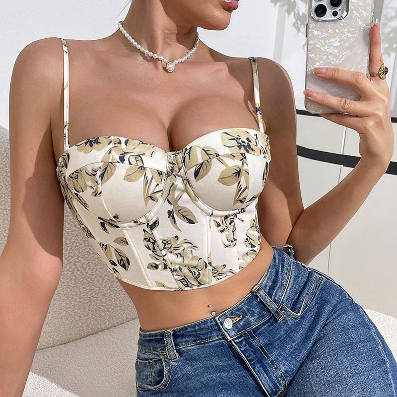 Floral Print Sweetheart Lace Up Back Bustier Top - Apricot