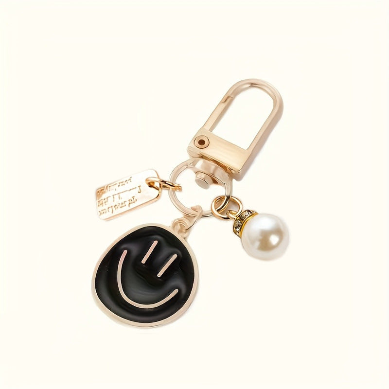 Smiley Face Enamel Bag Charm Keychain - Black