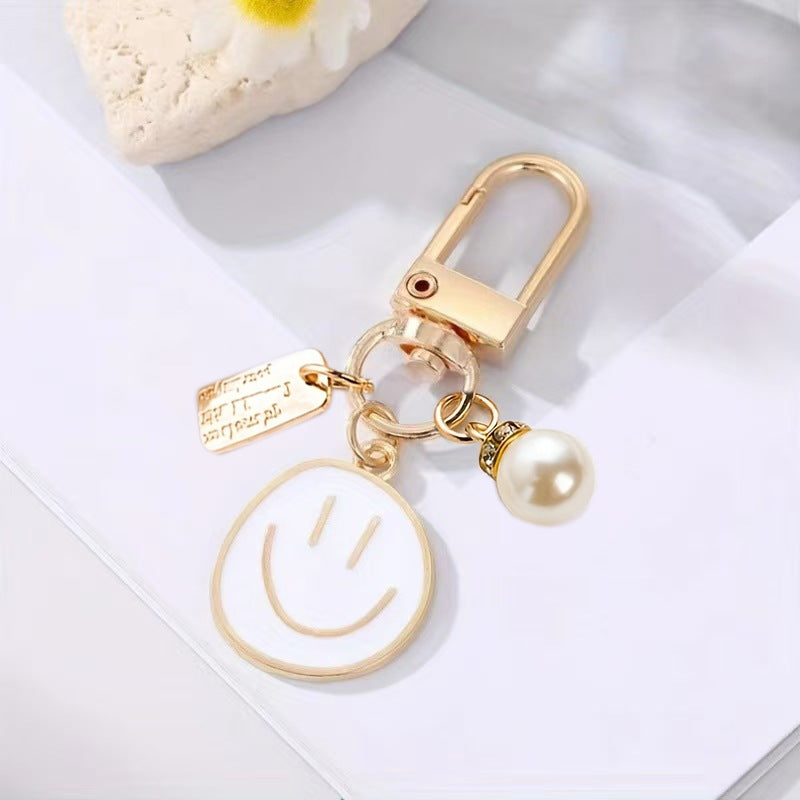 Smiley Face Enamel Bag Charm Keychain - White