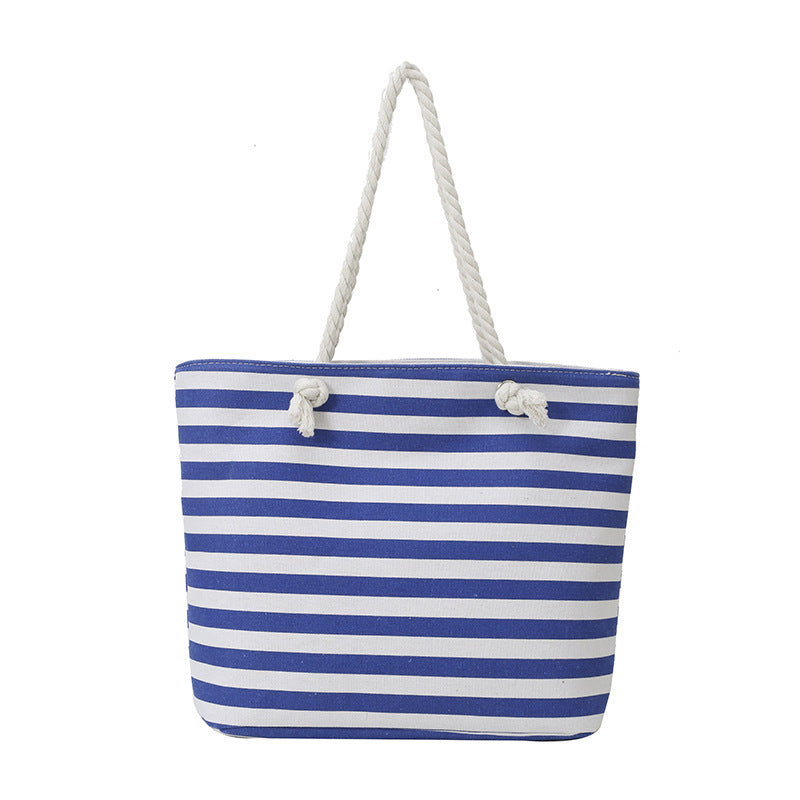 Printed Canvas Beach Tote with Braided Rope Handles - Navy Stripe