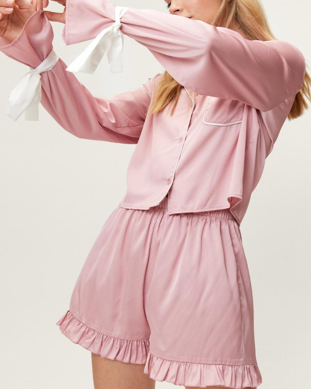 Satin Ruffle Shorts Pajama Set - Pink - 2