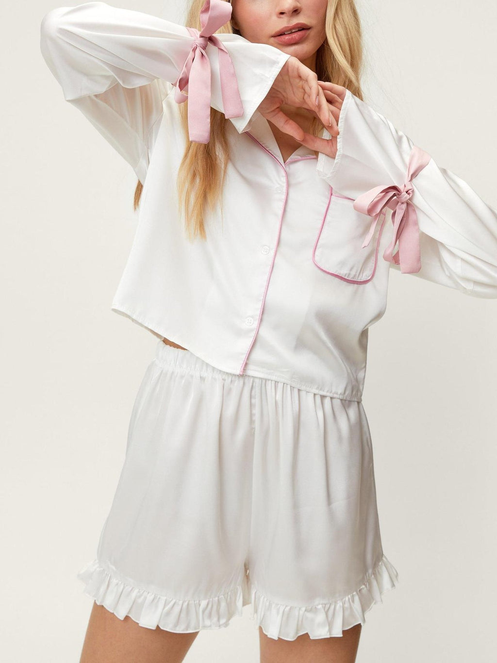 Satin Ruffle Shorts Pajama Set - White