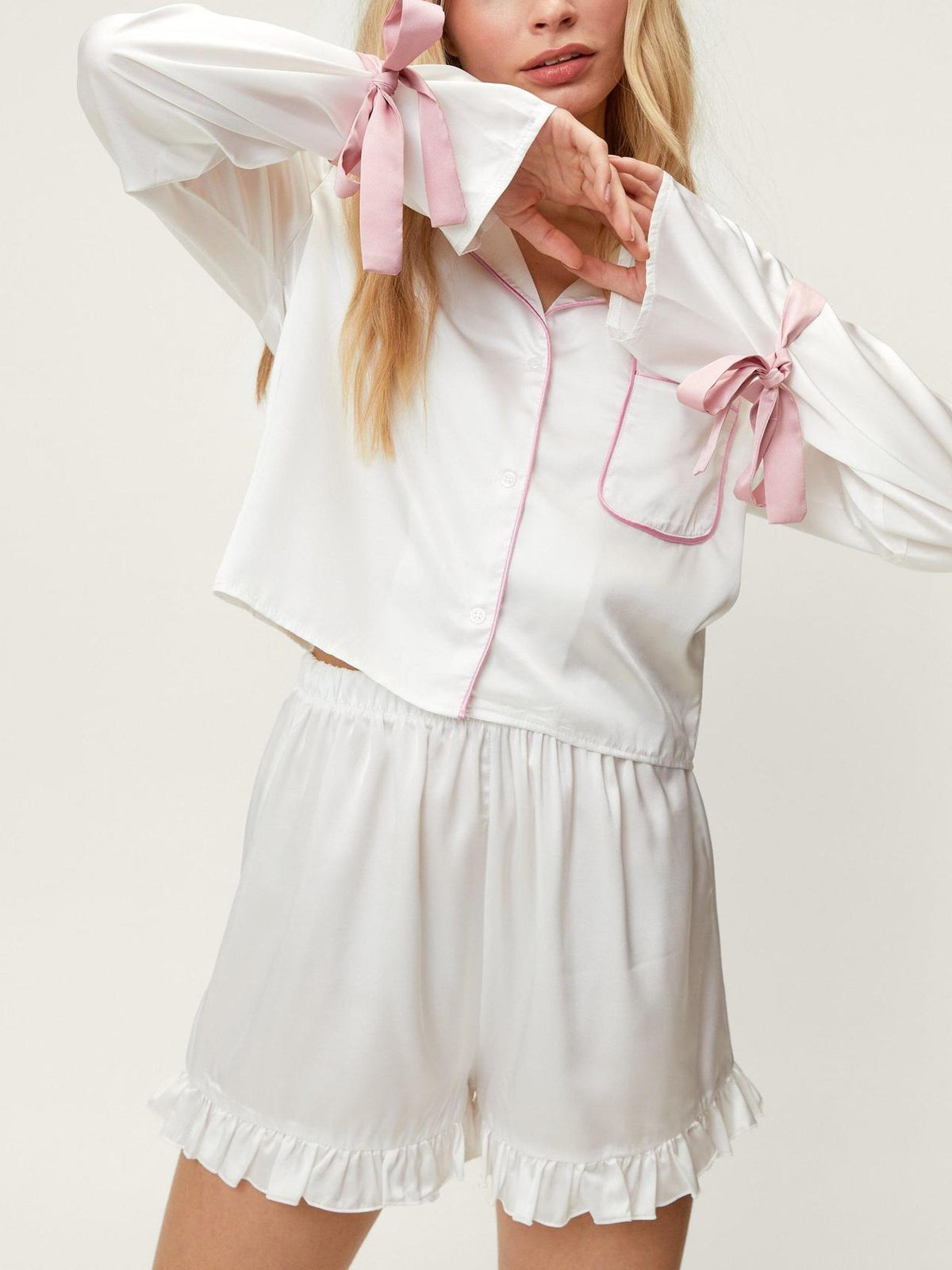Satin Ruffle Shorts Pajama Set - White