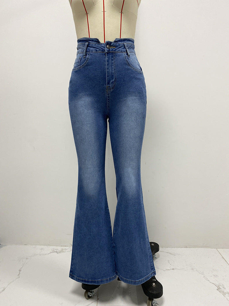Washed High Rise Flare Leg Jeans - DarkBlue - 1