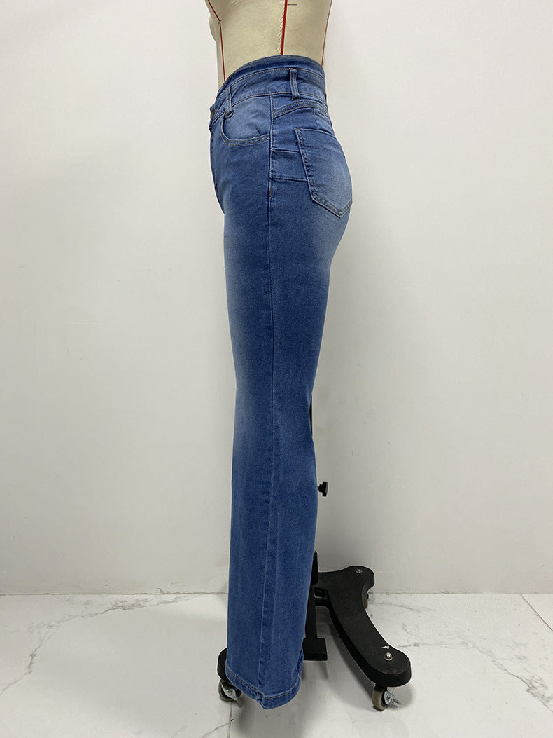 Washed High Rise Flare Leg Jeans - DarkBlue - 2