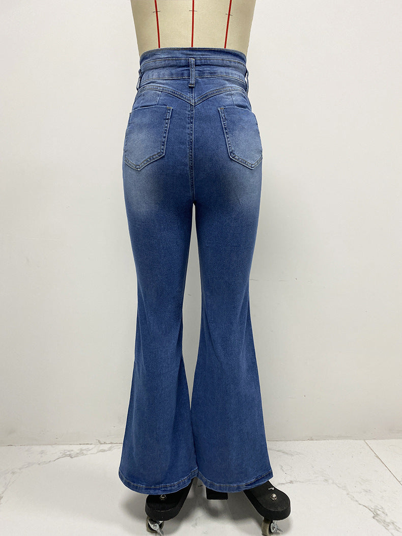 Washed High Rise Flare Leg Jeans - DarkBlue - 3