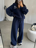 Embroidered Zip Up Hoodie And Jogger Set - Blue