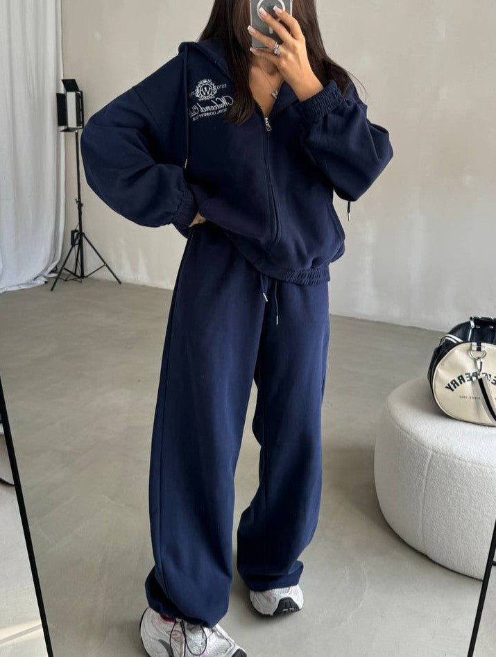 Embroidered Zip Up Hoodie And Jogger Set - Blue