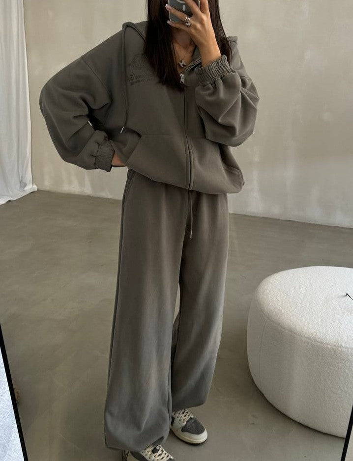 Embroidered Zip Up Hoodie And Jogger Set - Camel