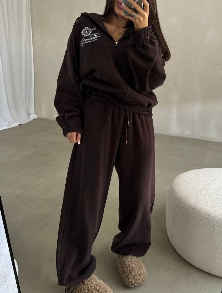 Embroidered Zip Up Hoodie And Jogger Set - Coffee