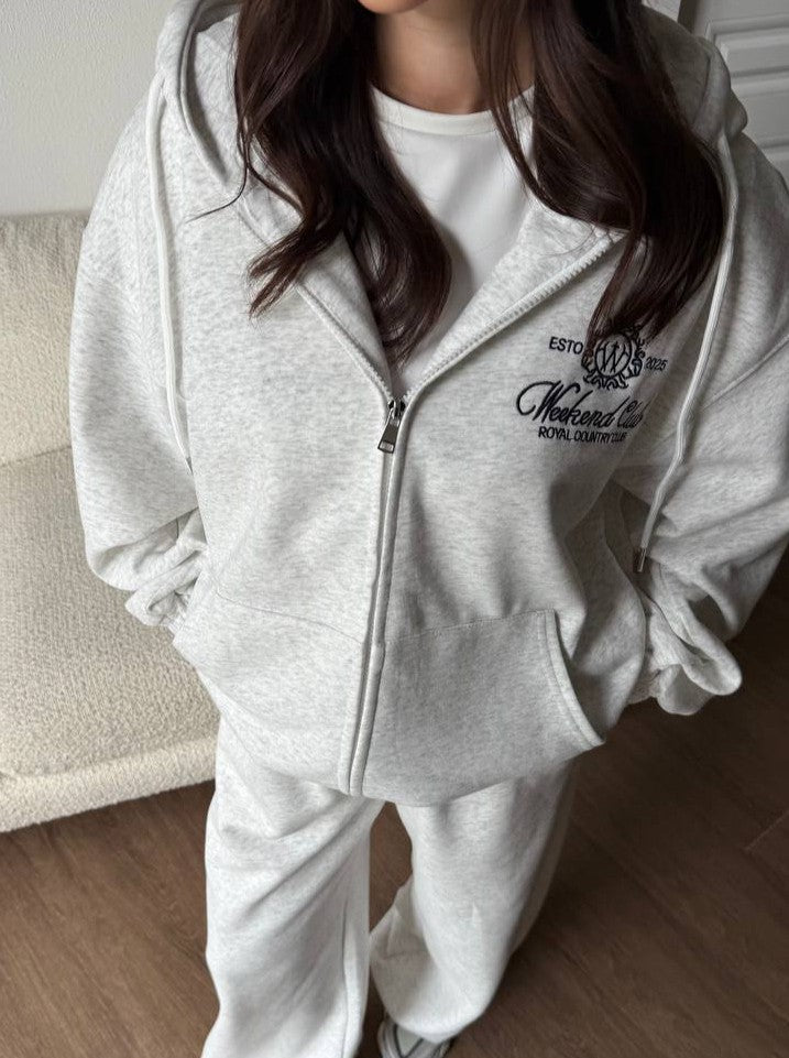 Embroidered Zip Up Hoodie And Jogger Set - Grey
