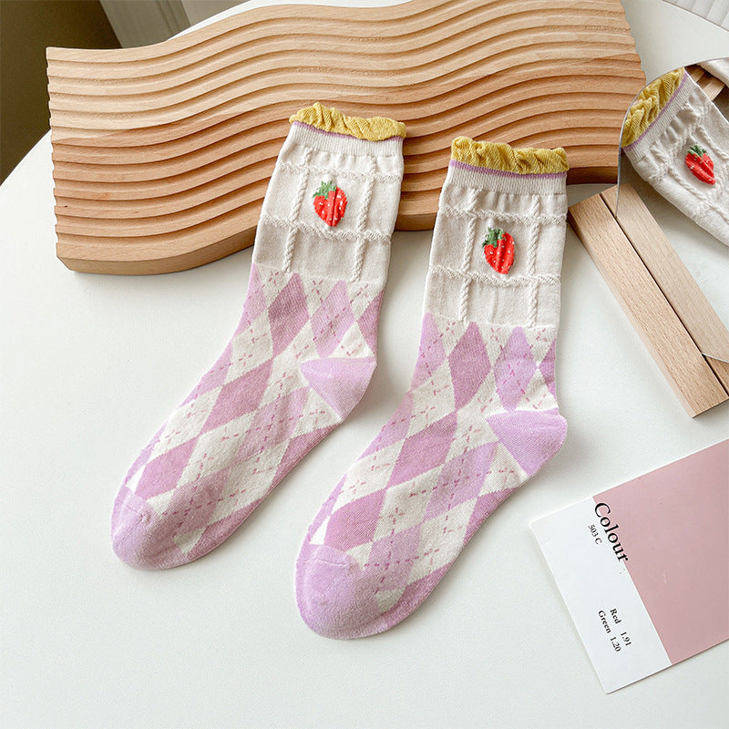 Sheer Mesh Fruit And Floral Crew Socks - Diamond