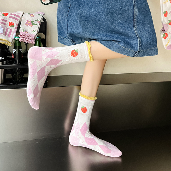 Sheer Mesh Fruit And Floral Crew Socks - Diamond - 1