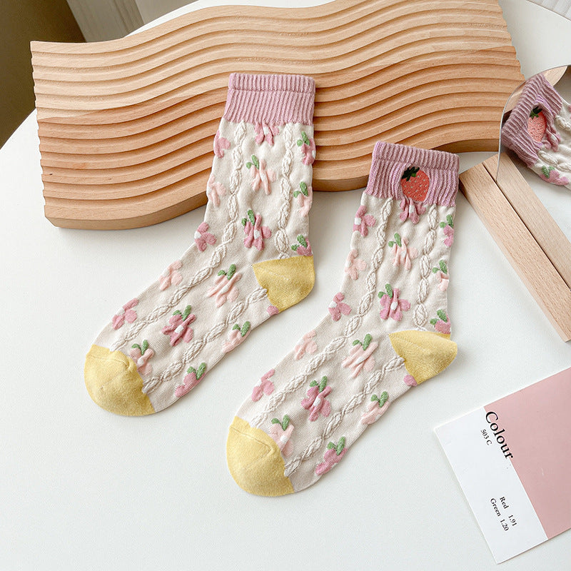 Sheer Mesh Fruit And Floral Crew Socks - Embroider