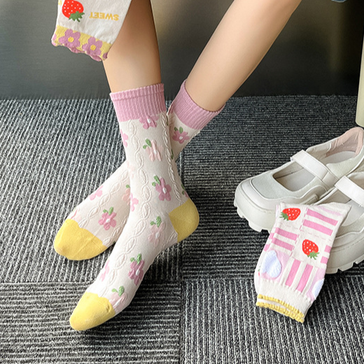 Sheer Mesh Fruit And Floral Crew Socks - Embroider - 1