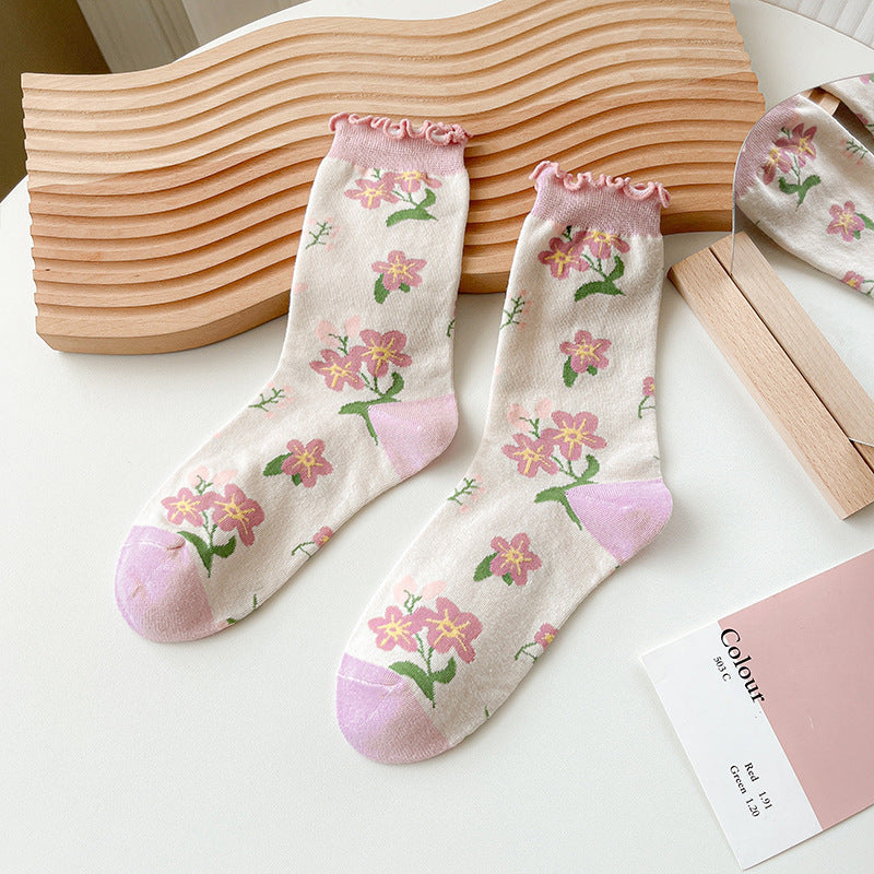 Sheer Mesh Fruit And Floral Crew Socks - Flowers