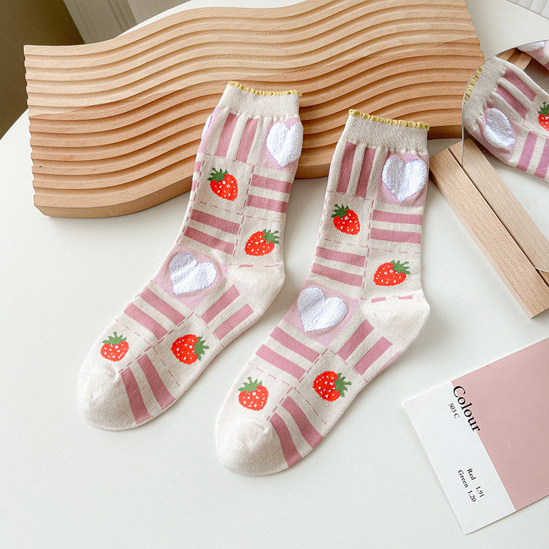Sheer Mesh Fruit And Floral Crew Socks - Heart