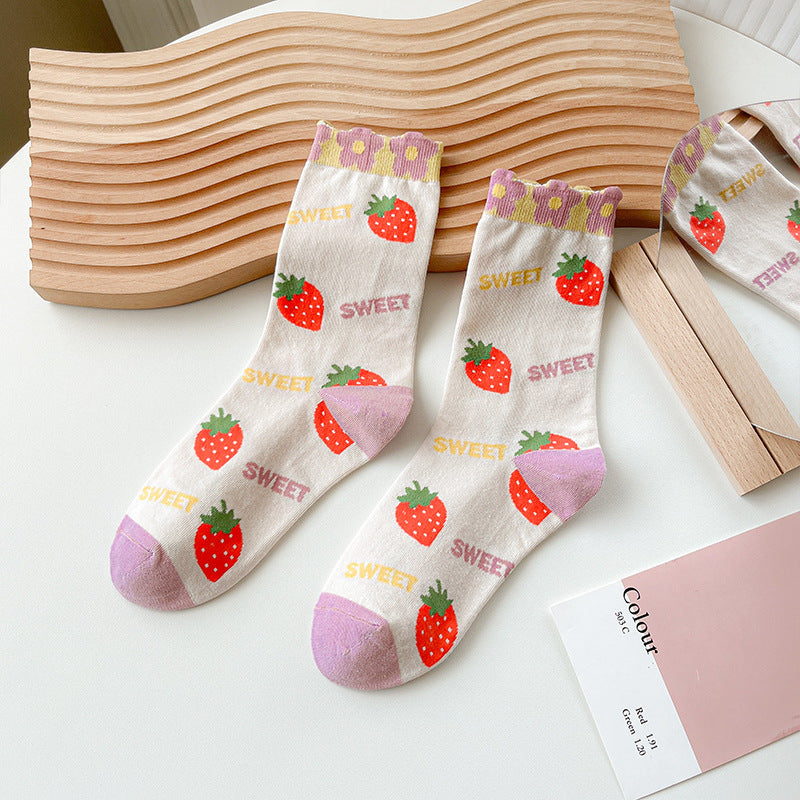 Sheer Mesh Fruit And Floral Crew Socks - Strawberry - 1