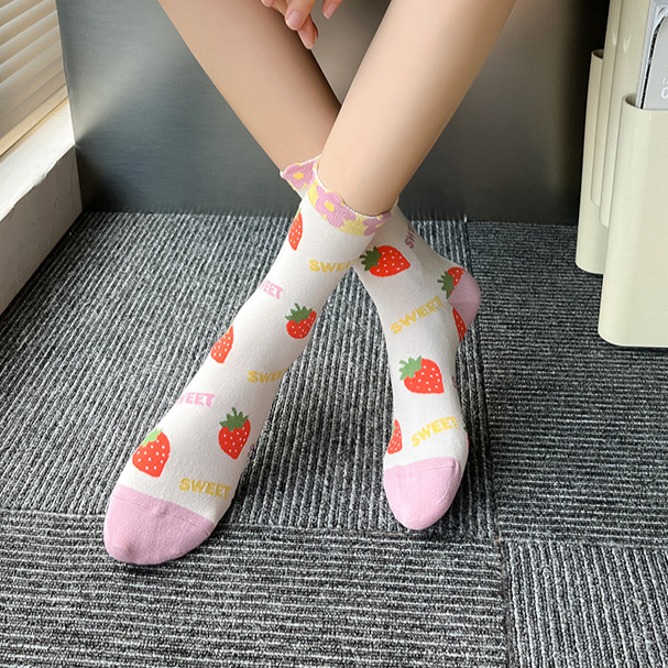 Sheer Mesh Fruit And Floral Crew Socks - Strawberry - 2