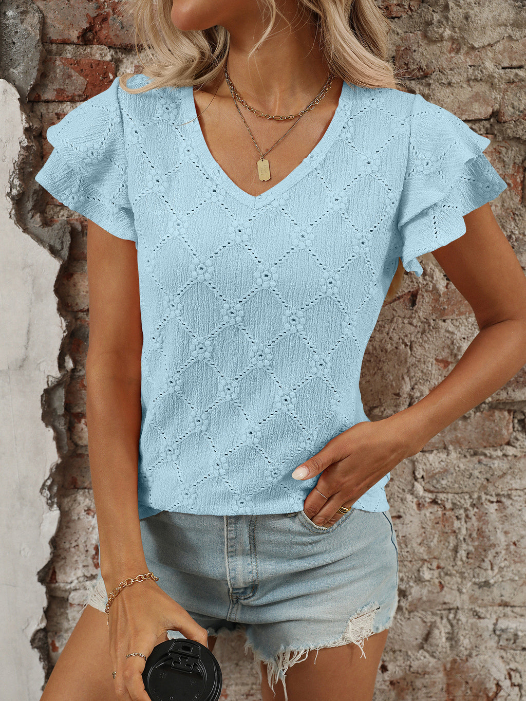 Eyelet Knit V Neck Flutter Sleeve Top - Blue