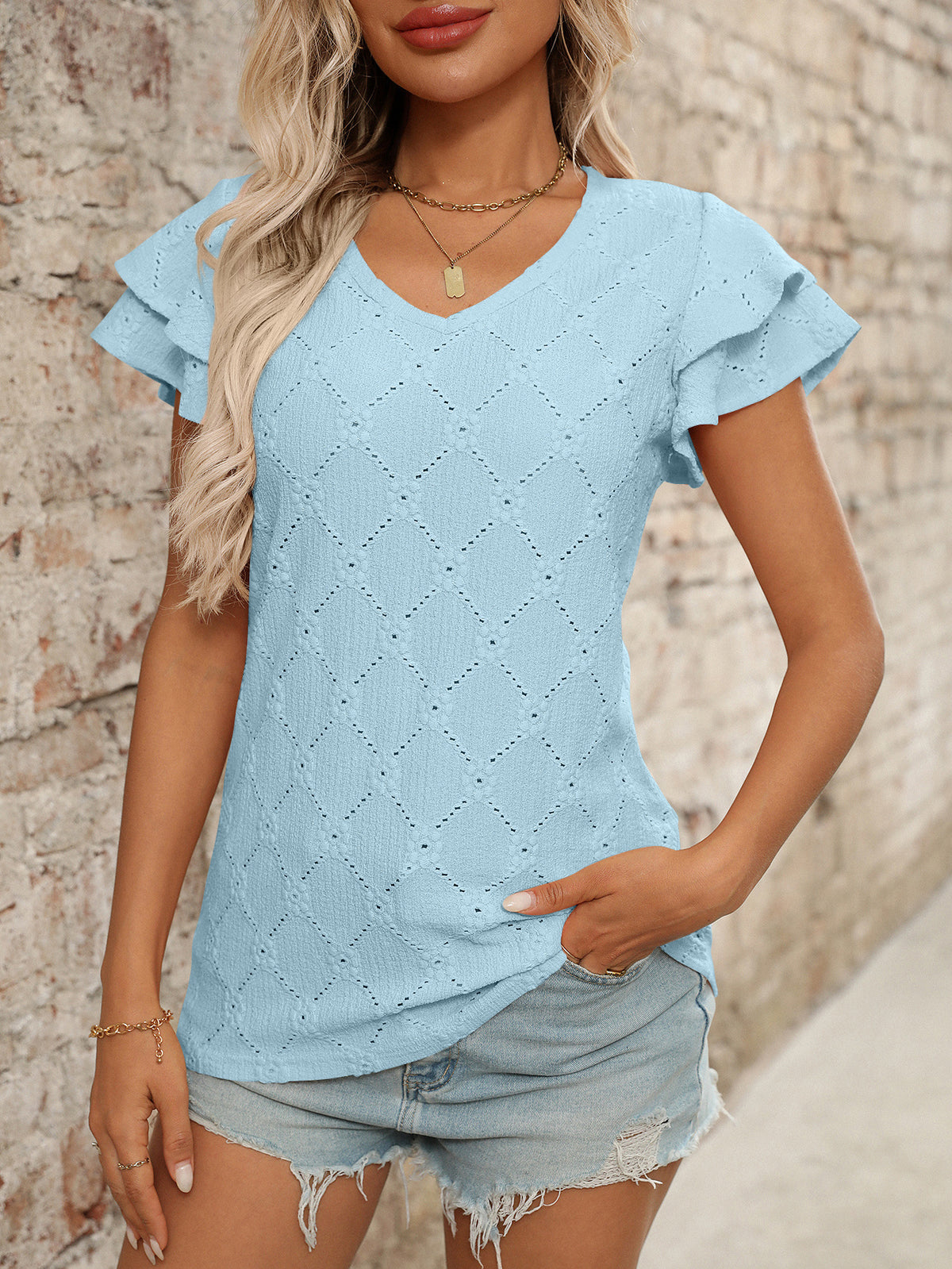 Eyelet Knit V Neck Flutter Sleeve Top - Blue - 1