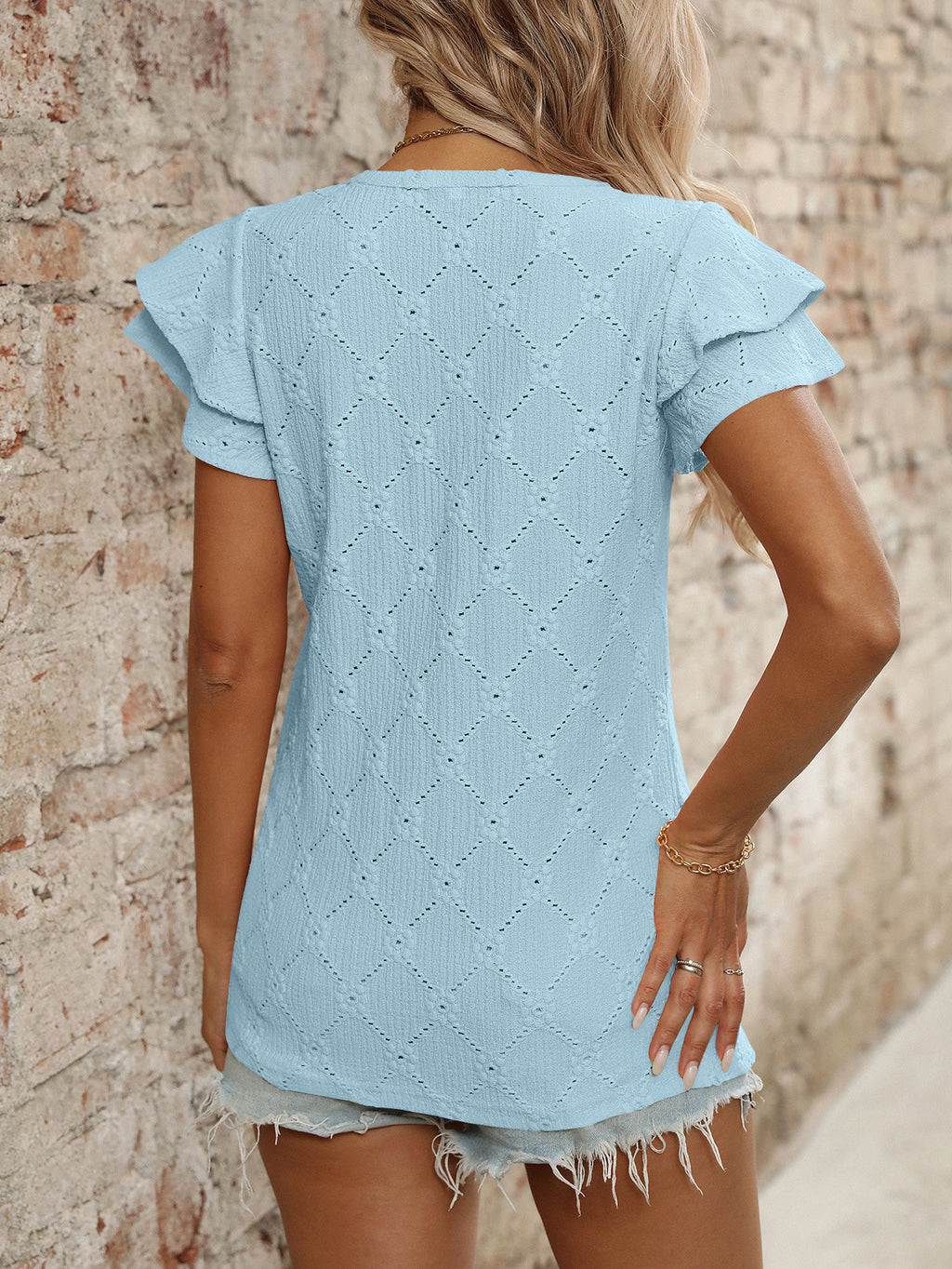 Eyelet Knit V Neck Flutter Sleeve Top - Blue - 4