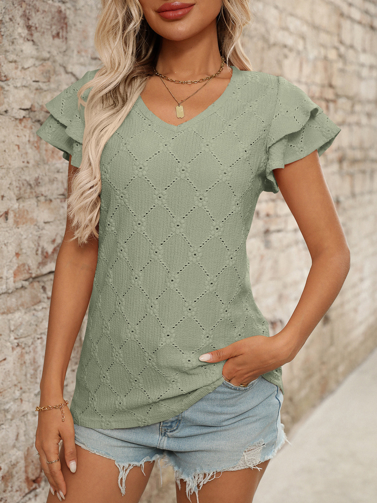 Eyelet Knit V Neck Flutter Sleeve Top - Green - 1