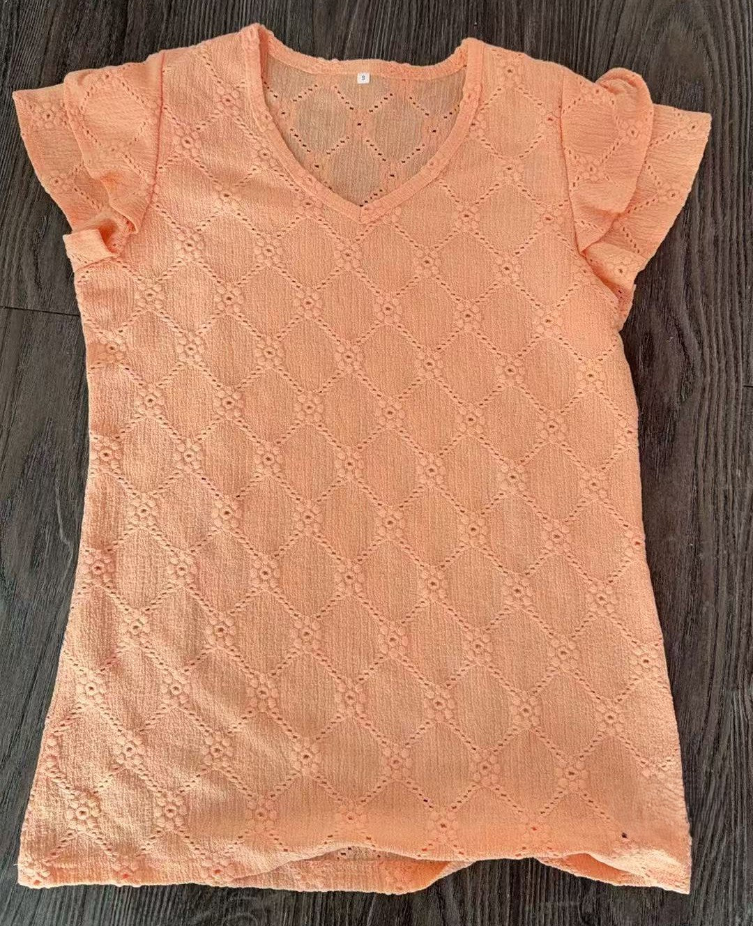 Eyelet Knit V Neck Flutter Sleeve Top - Orange