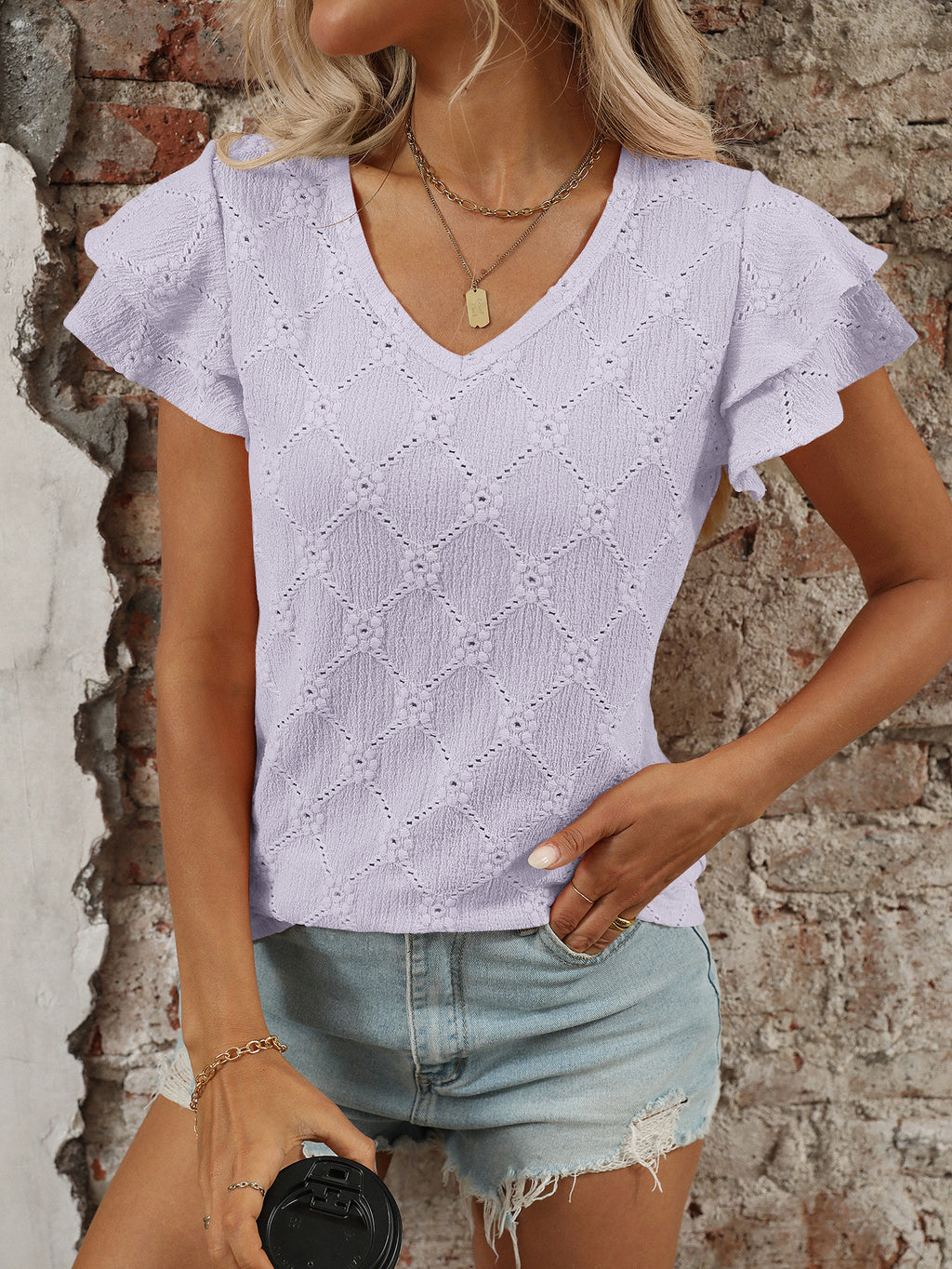 Eyelet Knit V Neck Flutter Sleeve Top - Purple