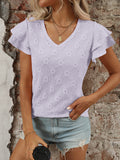 Eyelet Knit V Neck Flutter Sleeve Top - Purple