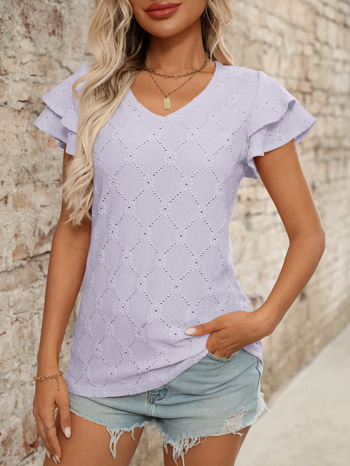 Eyelet Knit V Neck Flutter Sleeve Top - Purple - 1