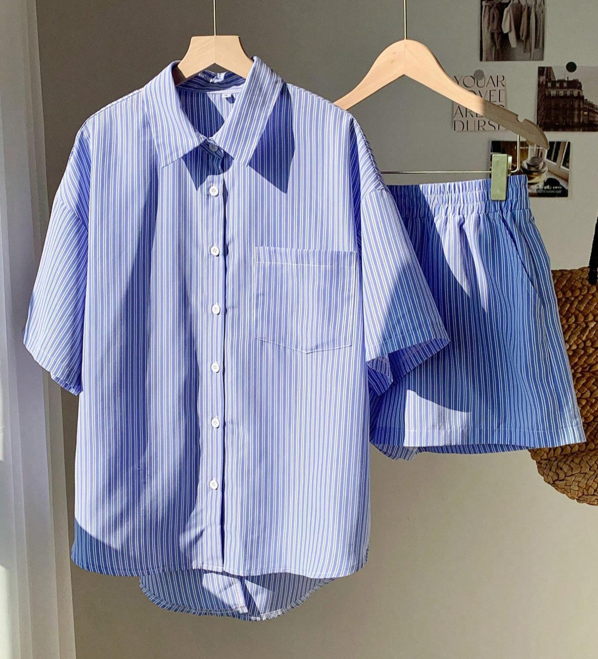 Bow Back Striped Shirt and Shorts Set - Blue - 1