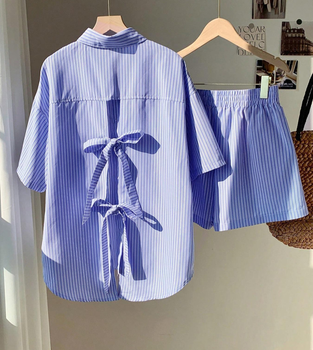 Bow Back Striped Shirt and Shorts Set - Blue - 2
