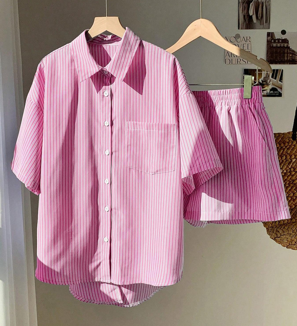 Bow Back Striped Shirt and Shorts Set - Pink
