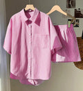 Bow Back Striped Shirt and Shorts Set - Pink