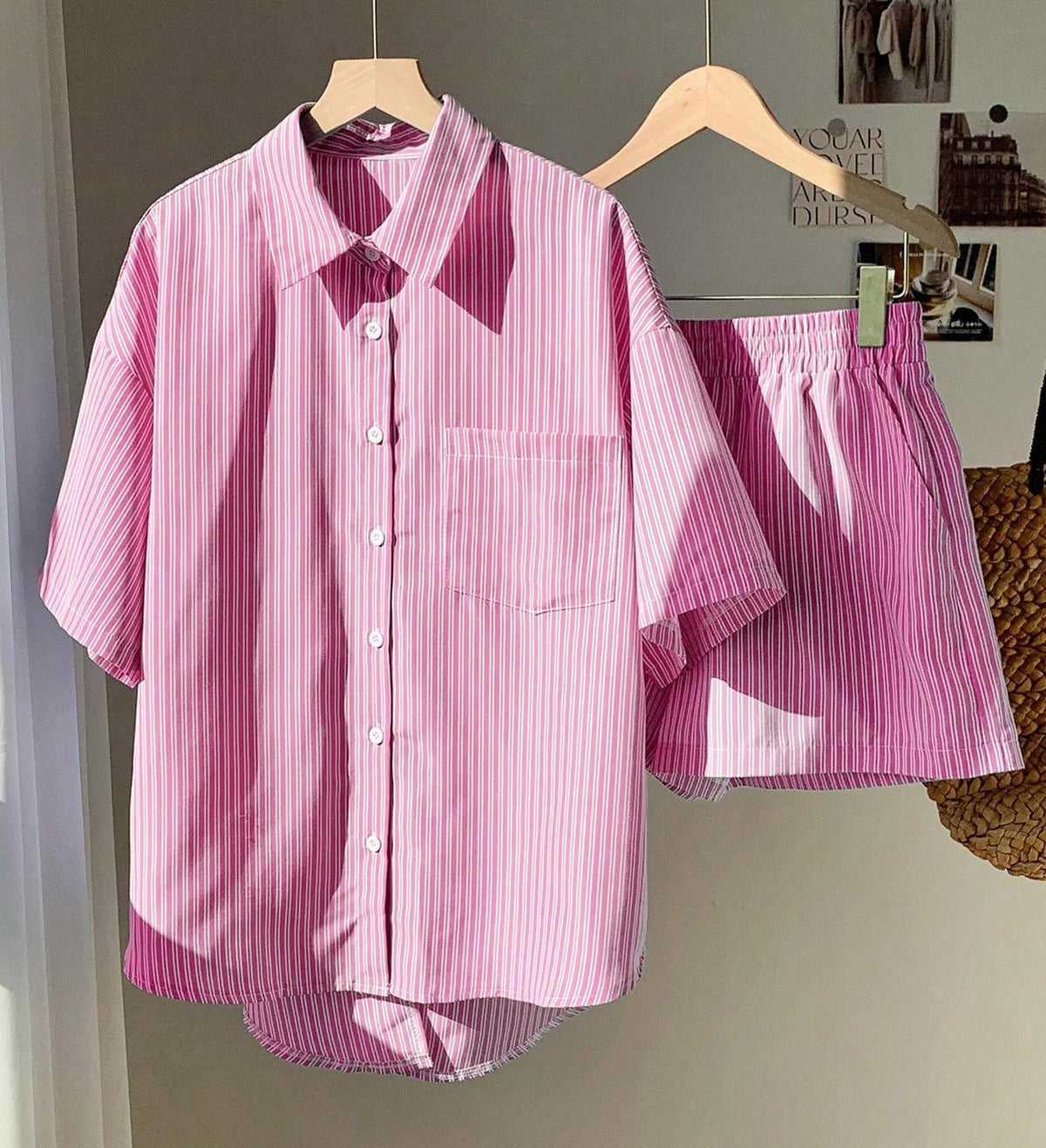 Bow Back Striped Shirt and Shorts Set - Pink