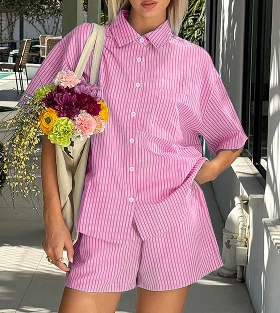 Bow Back Striped Shirt and Shorts Set - Pink - 1