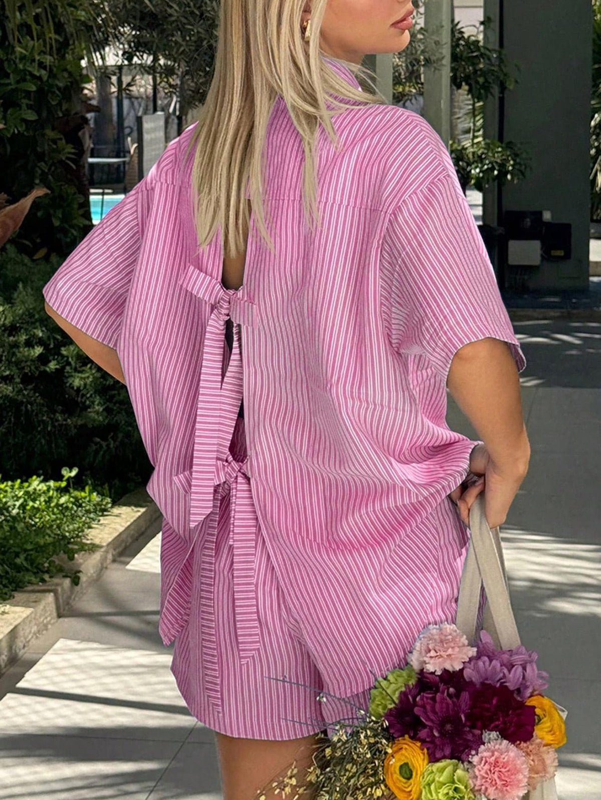 Bow Back Striped Shirt and Shorts Set - Pink - 2
