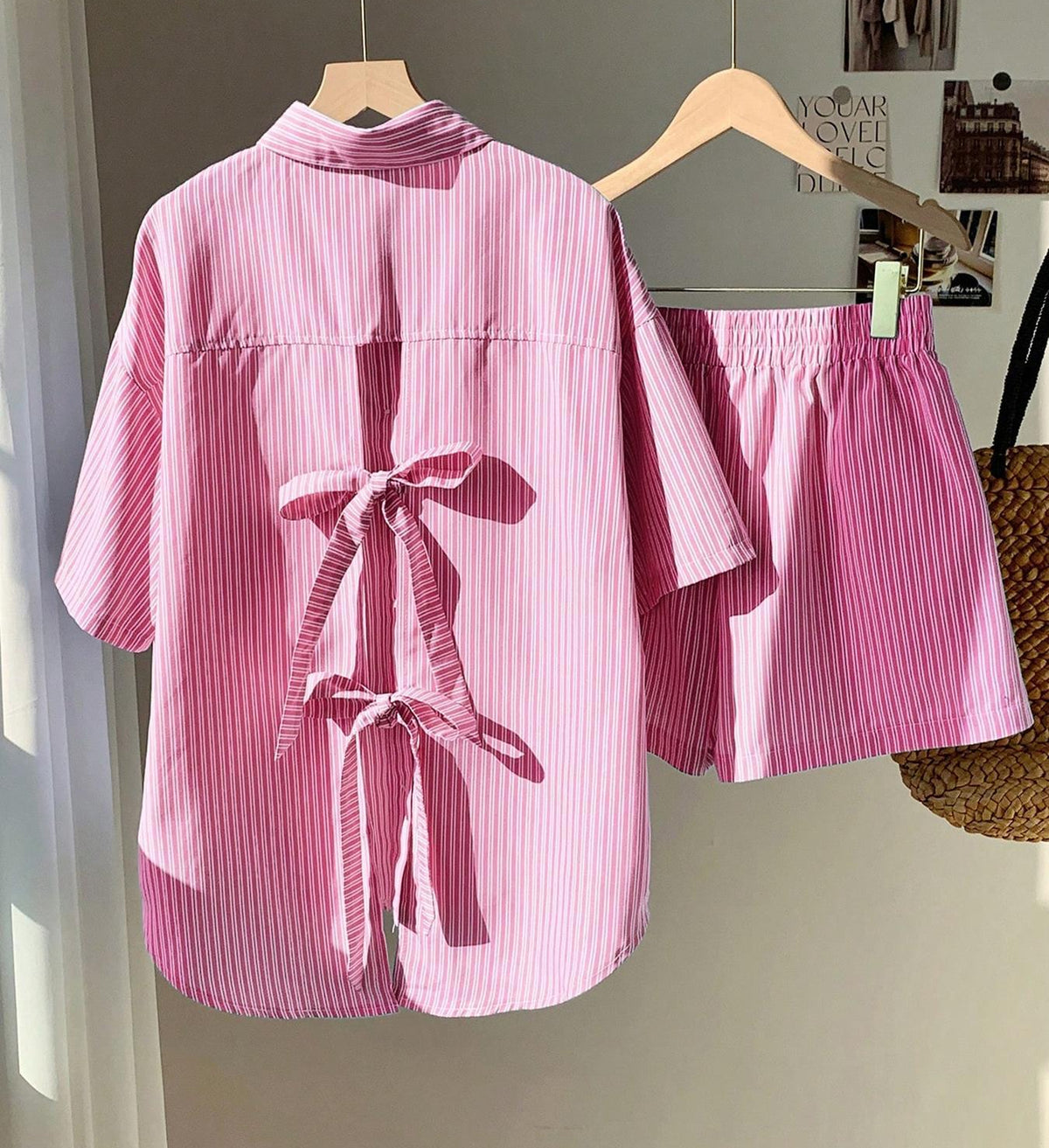 Bow Back Striped Shirt and Shorts Set - Pink - 5