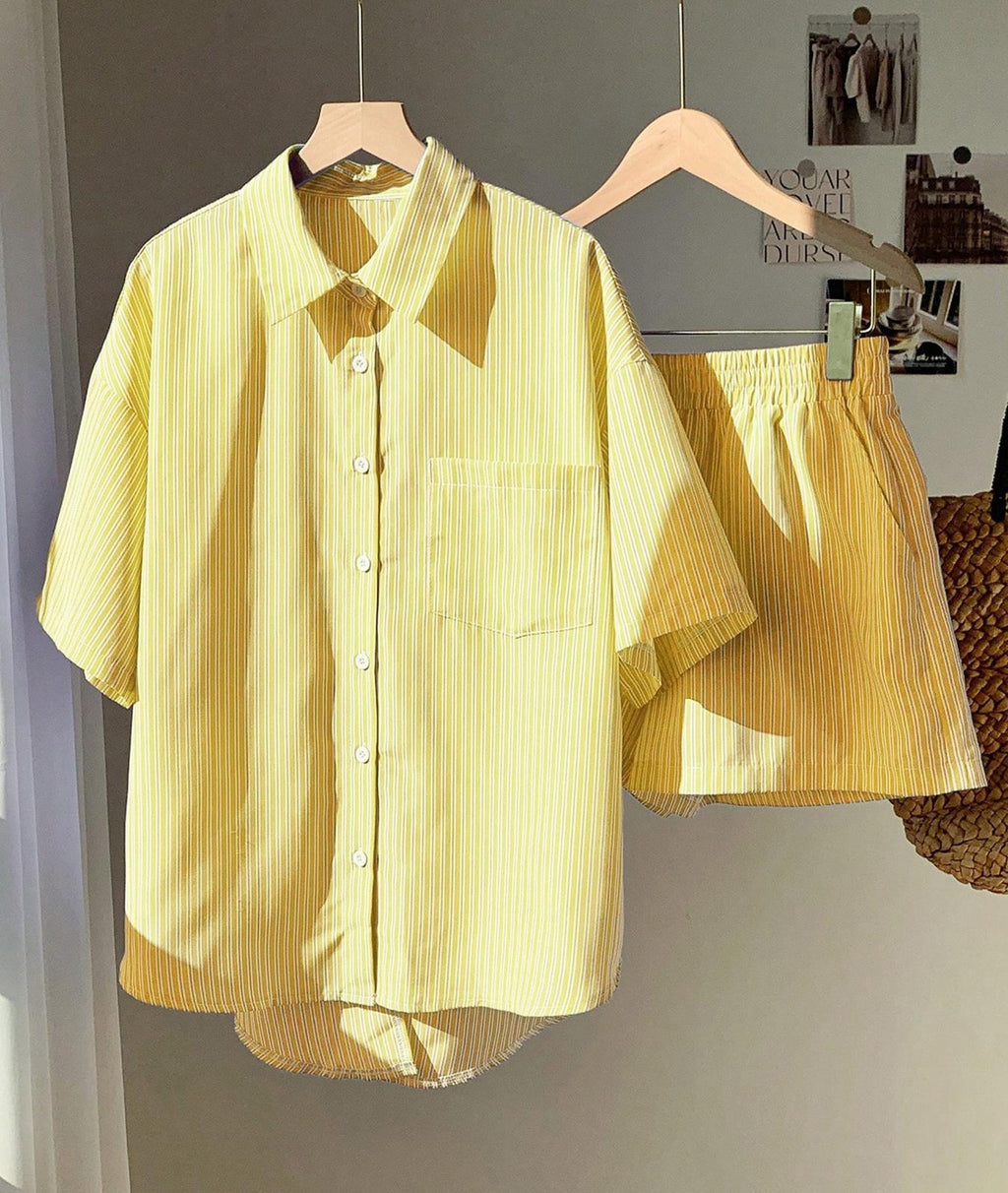Bow Back Striped Shirt and Shorts Set - Yellow