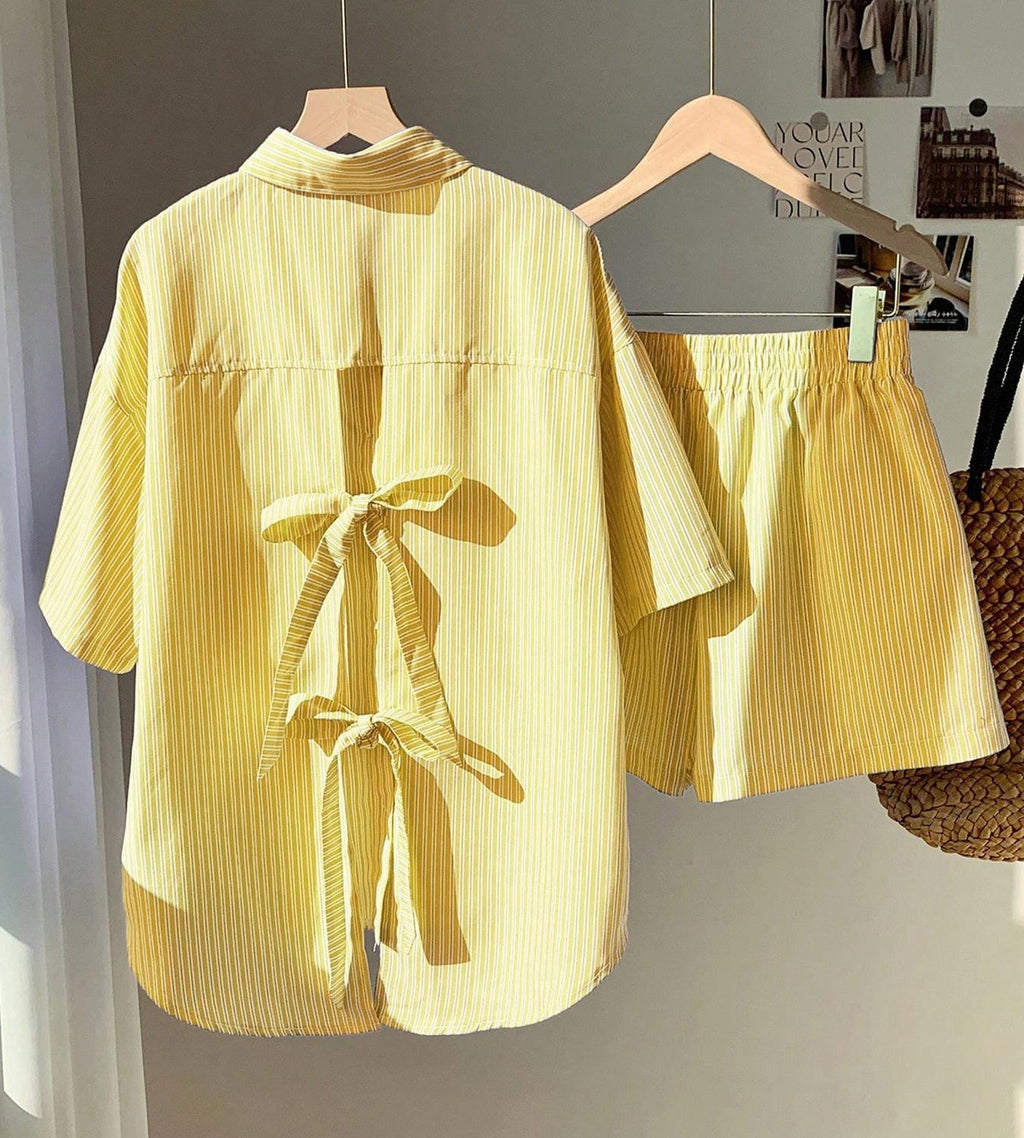 Bow Back Striped Shirt and Shorts Set - Yellow - 1