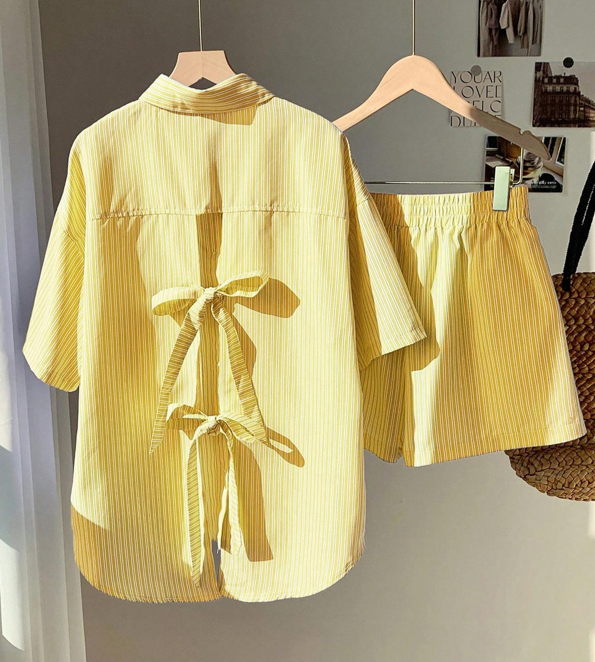 Bow Back Striped Shirt and Shorts Set - Yellow - 1