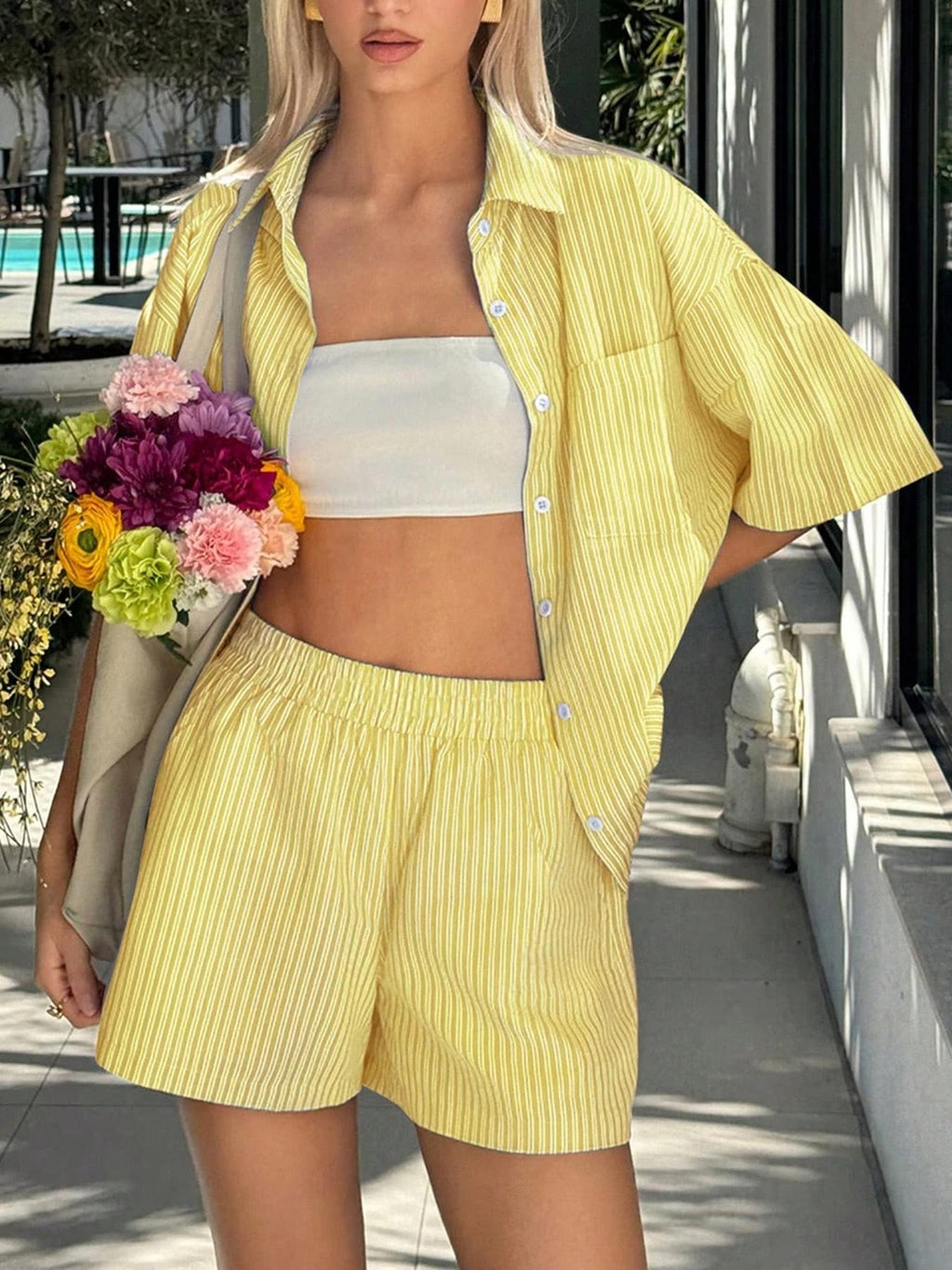 Bow Back Striped Shirt and Shorts Set - Yellow - 5